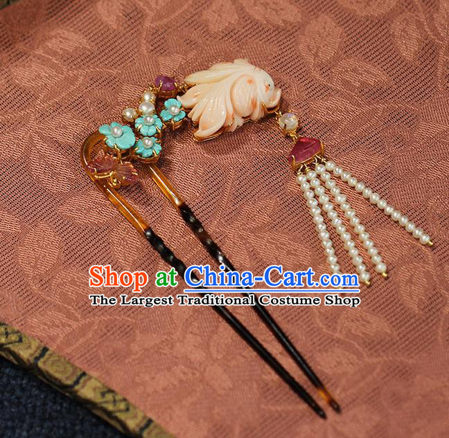 China Handmade Pearls Tassel Hairpin Traditional Ming Dynasty Court Headpiece Ancient Empress Golden Phoenix Hair Stick