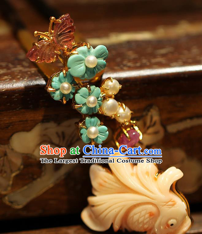 China Handmade Pearls Tassel Hairpin Traditional Ming Dynasty Court Headpiece Ancient Empress Golden Phoenix Hair Stick