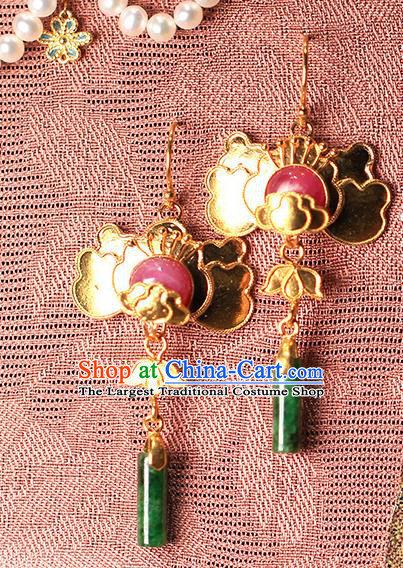 Chinese Traditional Cheongsam Ear Accessories National Jade Jewelry Handmade Golden Earrings