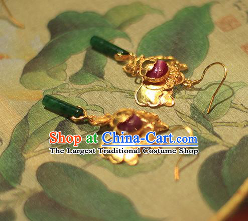 Chinese Traditional Cheongsam Ear Accessories National Jade Jewelry Handmade Golden Earrings