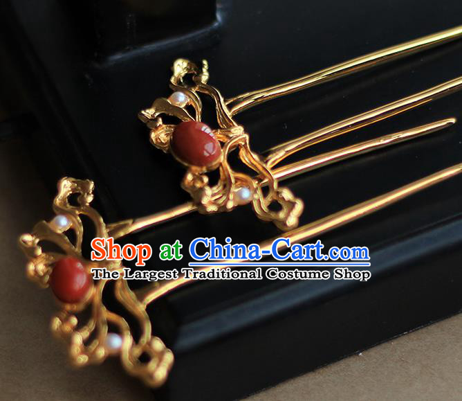 China Handmade Agate Pearls Hairpin Traditional Tang Dynasty Hair Accessories Ancient Empress Golden Hair Stick