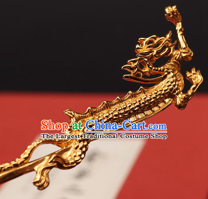 China Handmade Carving Dragon Golden Hairpin Traditional Ming Dynasty Hair Accessories Ancient Emperor Hair Clip