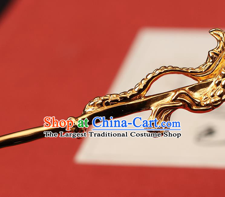 China Handmade Carving Dragon Golden Hairpin Traditional Ming Dynasty Hair Accessories Ancient Emperor Hair Clip