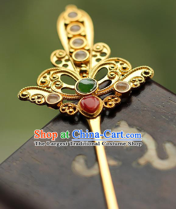 China Handmade Agate Hairpin Traditional Tang Dynasty Hair Accessories Ancient Empress Golden Hair Comb