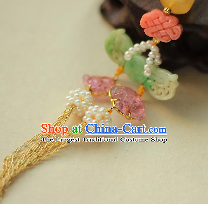 Chinese Traditional Cheongsam Jade Tassel Pendant Ancient Qing Dynasty Court Woman Pearls Brooch Accessories