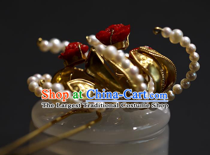 China Handmade Agate Pearls Hairpin Traditional Qing Dynasty Headdress Ancient Court Empress Golden Hair Stick