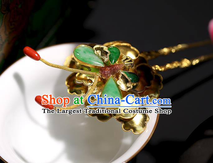 China Handmade Jade Butterfly Hairpin Traditional Qing Dynasty Court Headpiece Ancient Empress Golden Peony Hair Stick