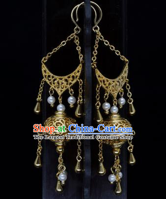 Chinese Traditional Tang Dynasty Ear Accessories National Jewelry Handmade Ancient Imperial Concubine Golden Lantern Earrings