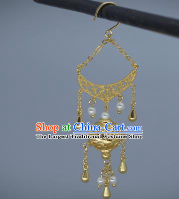 Chinese Traditional Tang Dynasty Ear Accessories National Jewelry Handmade Ancient Imperial Concubine Golden Lantern Earrings