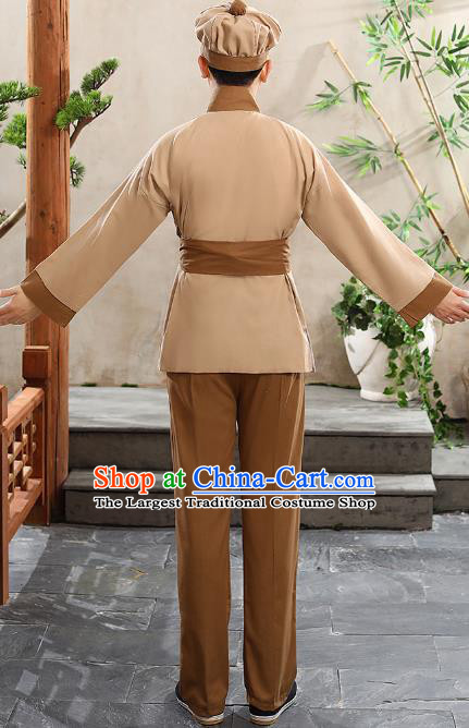 China Ming Dynasty Waiter Civilian Male Stage Performance Khaki Suits Ancient Drama Clothing and Hat
