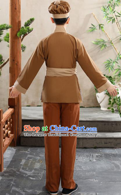 China Ming Dynasty Waiter Civilian Male Stage Performance Khaki Suits Ancient Drama Clothing and Hat