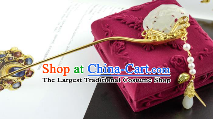 China Handmade Tang Dynasty Jade Hairpin Traditional Hanfu Hair Accessories Ancient Empress Golden Hair Stick