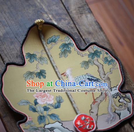Chinese Traditional Palace Fan Ancient Qing Dynasty Imperial Concubine Fans Handmade Kesi Phoenix Peony Painting Pattern Yellow Silk Fan