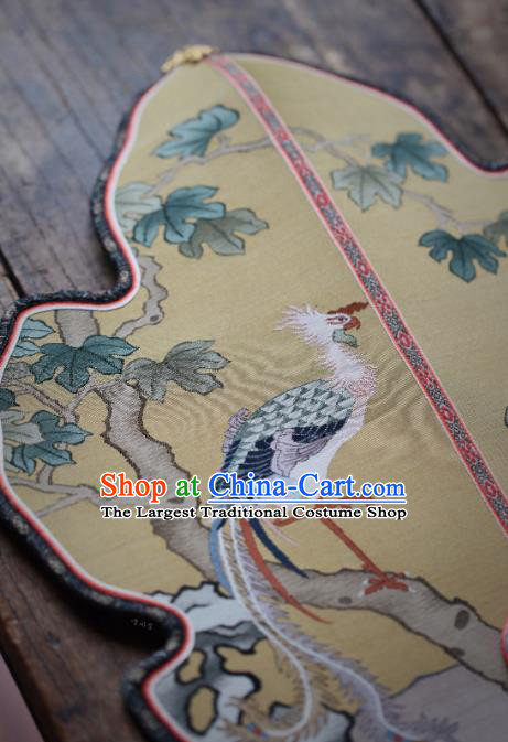 Chinese Traditional Palace Fan Ancient Qing Dynasty Imperial Concubine Fans Handmade Kesi Phoenix Peony Painting Pattern Yellow Silk Fan