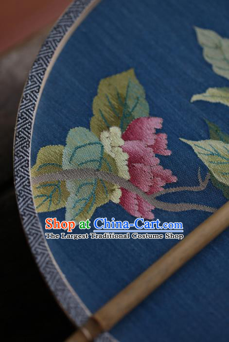 Chinese Traditional Palace Fan Ancient Song Dynasty Princess Circular Fans Handmade Kesi Camellia Painting Blue Silk Fan