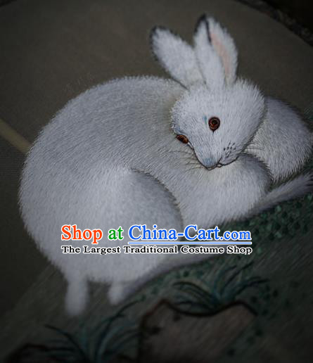 China Traditional Song Dynasty Hanfu Circular Fan Handmade Embroidered Rabbit Fan Classical Silk Palace Fan