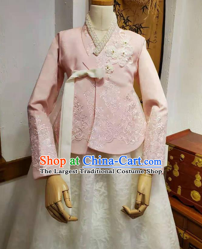 Korean Wedding Hanbok Clothing Asian Korea Bride Pink Blouse and White Dress Garments Traditional Fashion