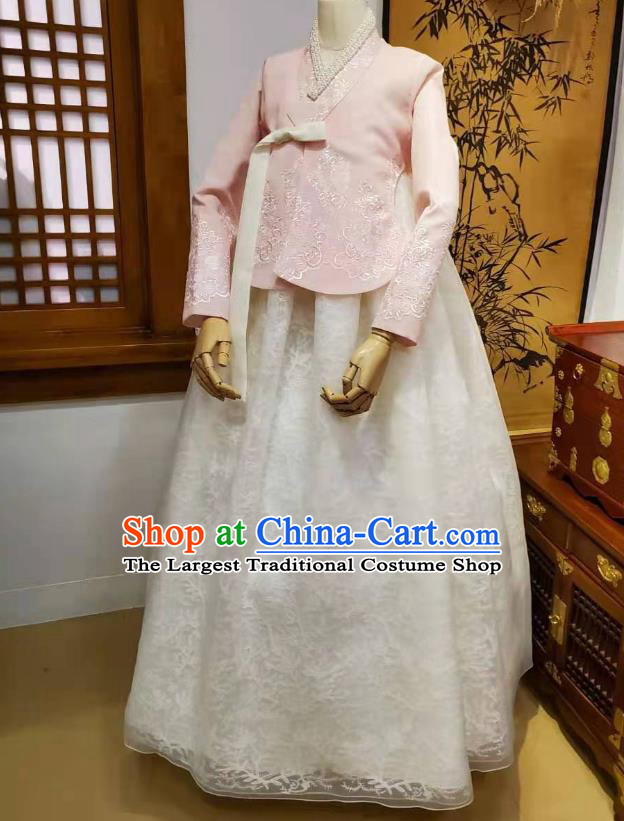 Korean Wedding Hanbok Clothing Asian Korea Bride Pink Blouse and White Dress Garments Traditional Fashion