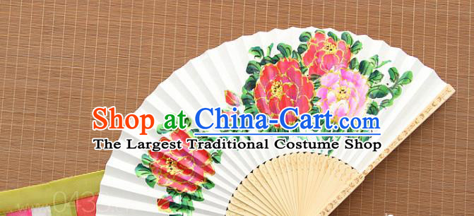 Handmade Chinese Bamboo Folding Fan Traditional Painting Peony Fan