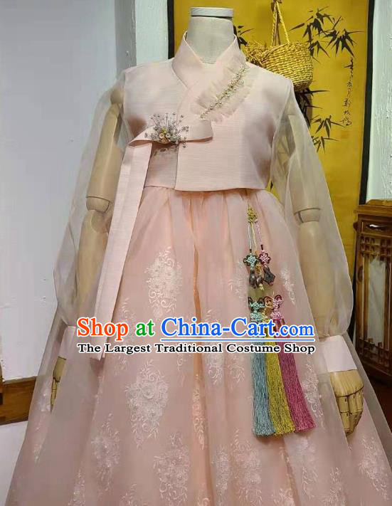 Asian Korea Traditional Fashion Wedding Hanbok Clothing Korean Bride Pink Blouse and Dress Garments