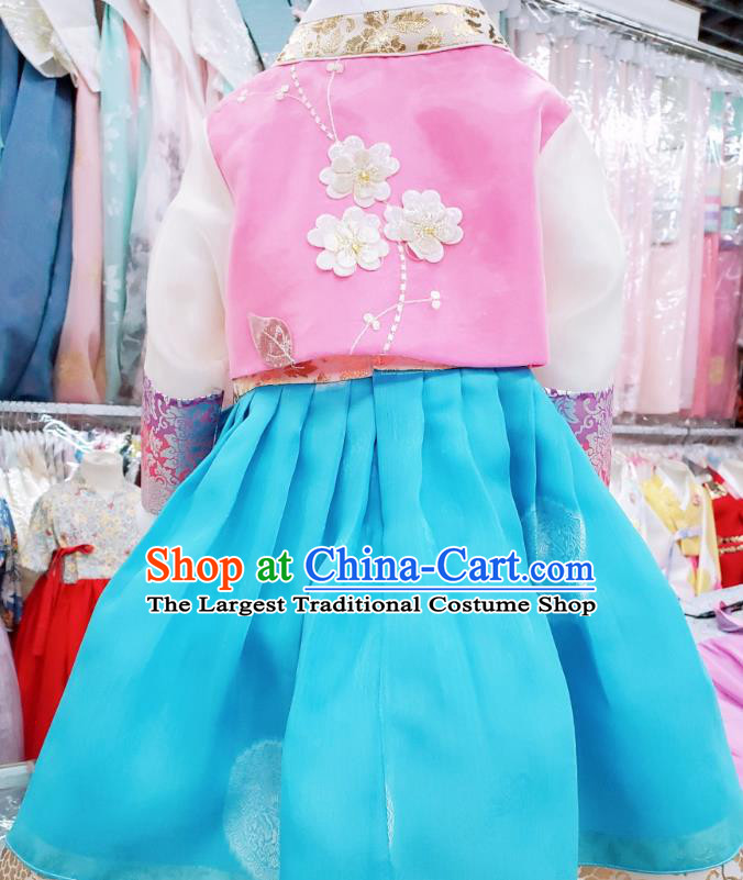 Korean Stage Hanbok Clothing Asian Korea Girl Rosy Blouse and Blue Dress Traditional Children Garments Fashion