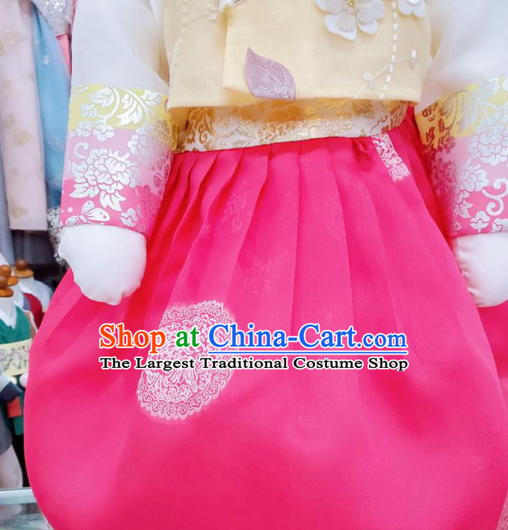 Korean Traditional Children Garments Fashion Stage Hanbok Clothing Asian Korea Girl Yellow Blouse and Rosy Dress