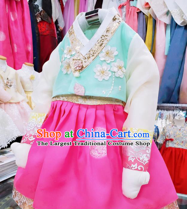 Asian Korea Girl Blue Blouse and Rosy Dress Korean Traditional Children Garments Fashion Performance Hanbok Clothing