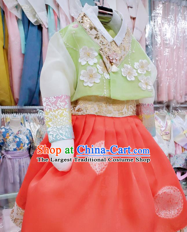 Asian Korea Girl Green Blouse and Red Dress Traditional Children Garments Fashion Korean Stage Hanbok Clothing
