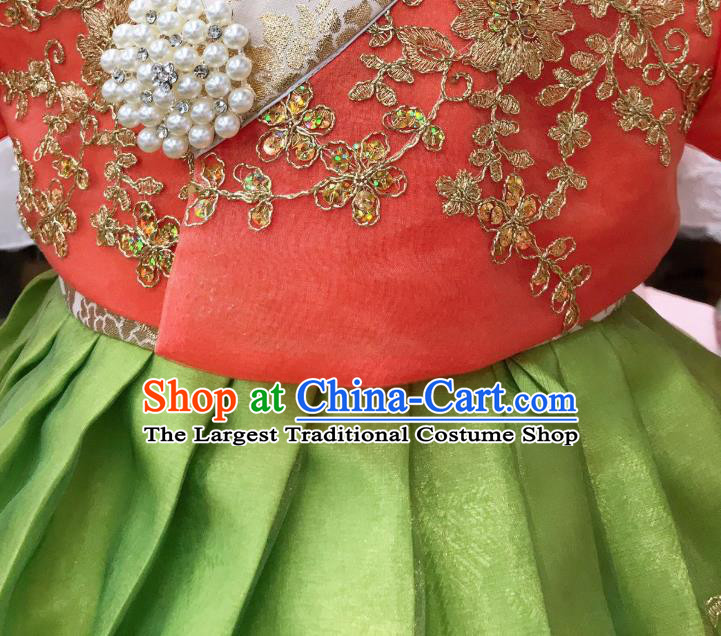 Asian Korea Girl Red Blouse and Green Dress Korean Children Garments Fashion Traditional Festival Hanbok Clothing