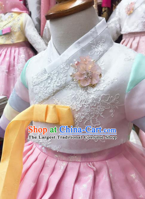 Korean Hanbok Clothing Korea Children White Blouse and Pink Dress Asian Traditional Festival Garments Fashion