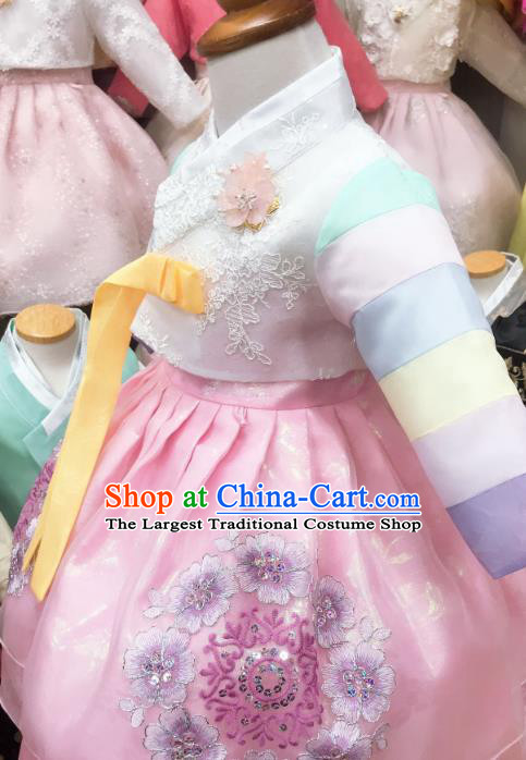 Korean Hanbok Clothing Korea Children White Blouse and Pink Dress Asian Traditional Festival Garments Fashion