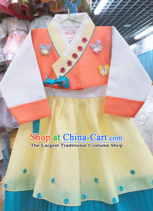 Asian Korea Traditional Fashion Garments Korean Court Princess Hanbok Clothing Girl Orange Blouse and Yellow Dress