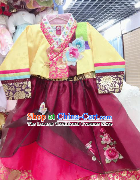 Asian Korea Girl Yellow Blouse and Wine Red Dress Traditional Fashion Garments Korean Court Princess Hanbok Clothing