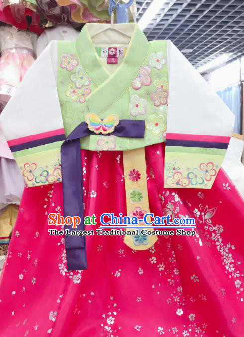 Asian Korea Girl Performance Green Blouse and Rosy Dress Traditional Korean Fashion Garments Court Hanbok Clothing
