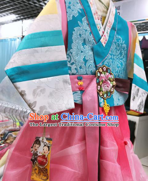 Asian Korea Court Hanbok Clothing Traditional Blue Blouse and Pink Dress Garments Korean Girl Princess Fashion