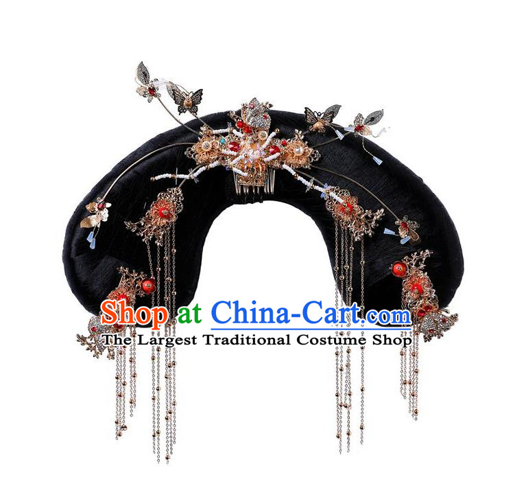 Chinese Ancient Imperial Concubine Headdress Traditional Qing Dynasty Manchu Woman Wigs and Hair Accessories
