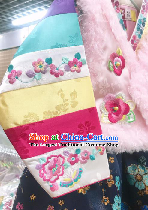 Korea Traditional New Year Garments Fashion Asian Korean Children Hanbok Clothing Pink Vest Blouse and Navy Dress