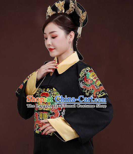 China Ancient Queen Black Dress Garments Traditional Qing Dynasty Empress Fu Cha Historical Clothing and Headdress Full Set