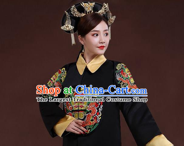 China Ancient Queen Black Dress Garments Traditional Qing Dynasty Empress Fu Cha Historical Clothing and Headdress Full Set