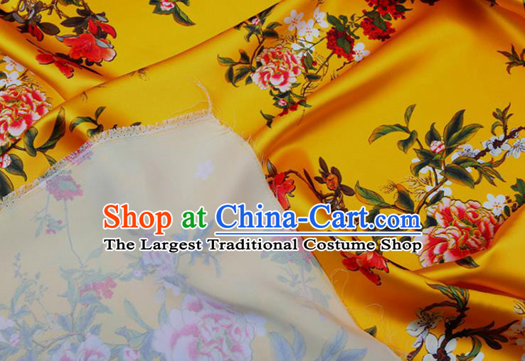 China Classical Printing Peony Cloth Yellow Satin Drapery Traditional Cheongsam Silk Fabric