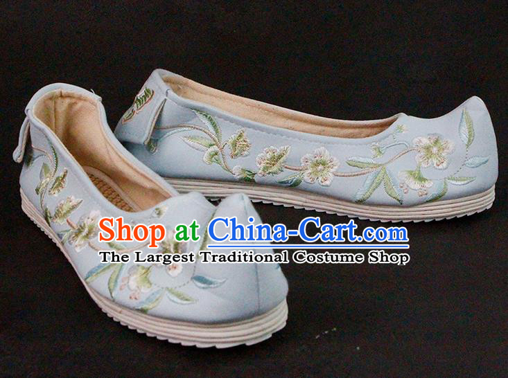 Chinese Ancient Princess Hanfu Shoes Traditional Ming Dynasty Blue Cloth Shoes Embroidered Shoes