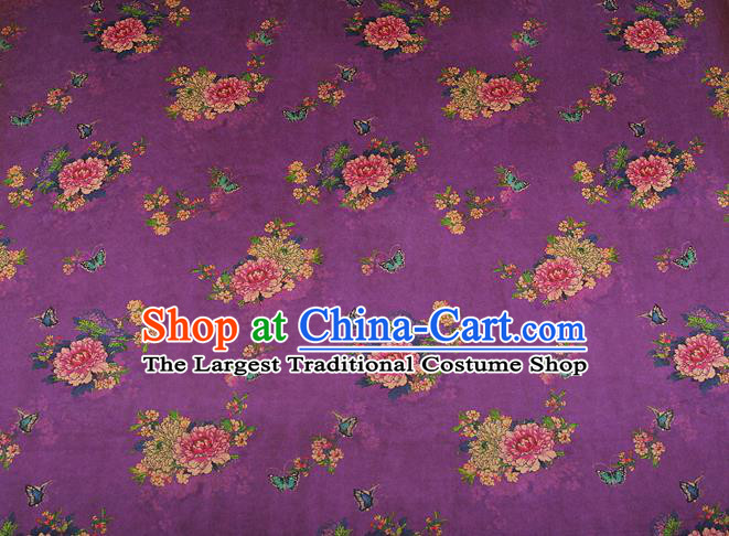 China Silk Fabric Classical Cheongsam Gambiered Guangdong Gauze Traditional Peony Pattern Purple Brocade Drapery