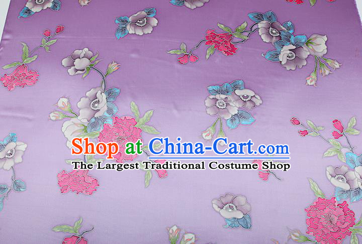 China Traditional Peony Pattern Lilac Brocade Printing Silk Fabric Classical Cheongsam Satin Drapery