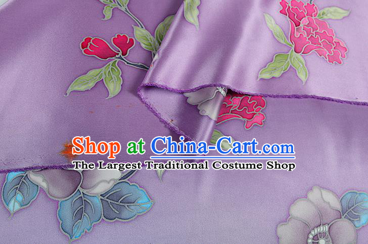 China Traditional Peony Pattern Lilac Brocade Printing Silk Fabric Classical Cheongsam Satin Drapery