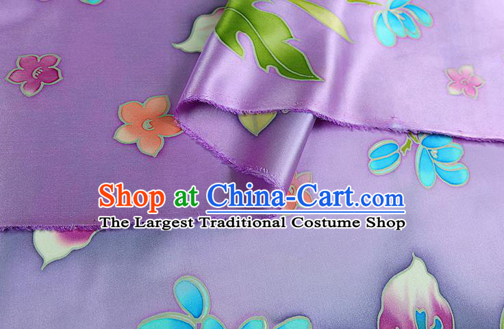 China Printing Silk Fabric Classical Cheongsam Satin Drapery Traditional Flowers Pattern Lilac Brocade