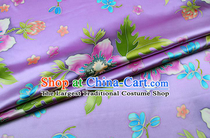 China Printing Silk Fabric Classical Cheongsam Satin Drapery Traditional Flowers Pattern Lilac Brocade