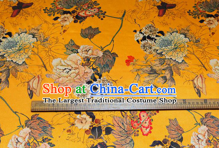 China Classical Cheongsam Printing Peony Yellow Satin Drapery Traditional Brocade Silk Fabric