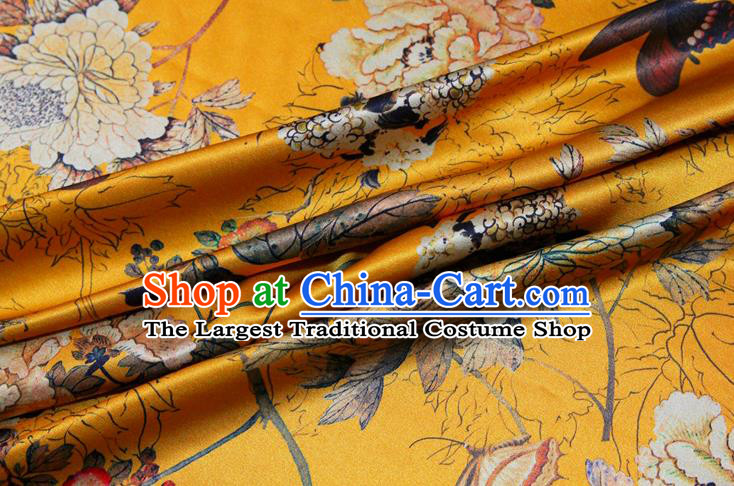 China Classical Cheongsam Printing Peony Yellow Satin Drapery Traditional Brocade Silk Fabric