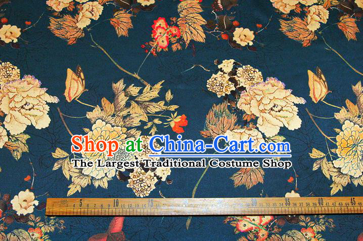 China Traditional Brocade Silk Fabric Classical Cheongsam Printing Peony Peacock Blue Satin Drapery