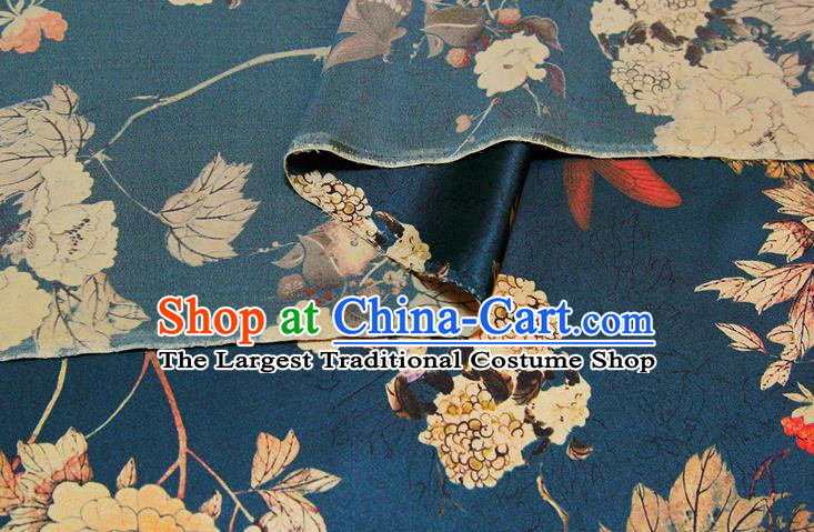China Traditional Brocade Silk Fabric Classical Cheongsam Printing Peony Peacock Blue Satin Drapery